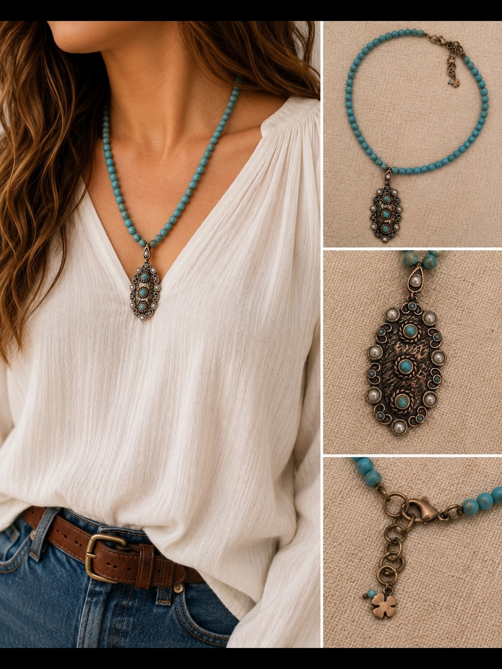 Lucky Brand Turquoise Beaded Pendant Necklace 19” Boho Southwestern